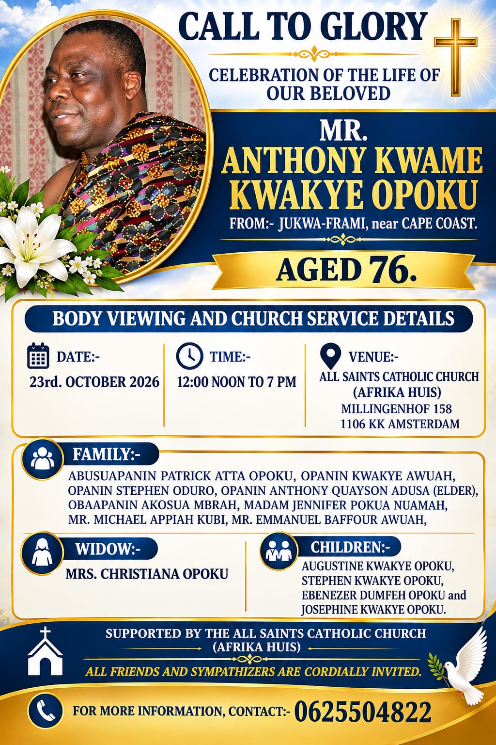 Memorial service flyer for Mr. Anthony Kwame Kwakye Opoku, 23 October 2026