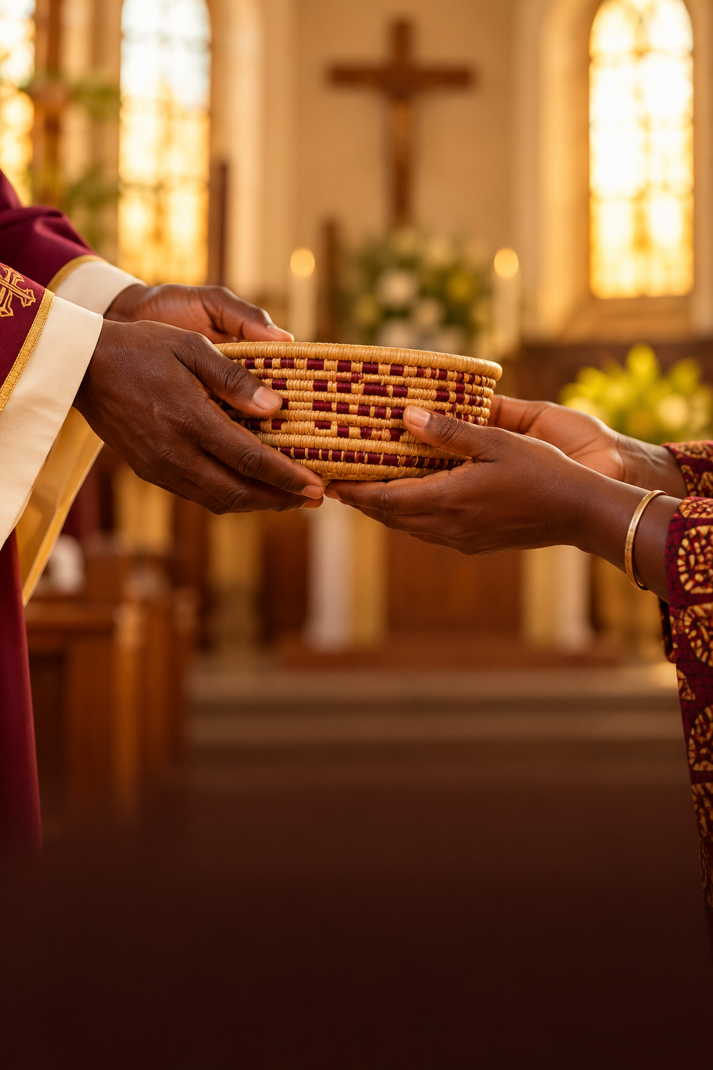 Hands sharing an offering basket in a warmly lit church